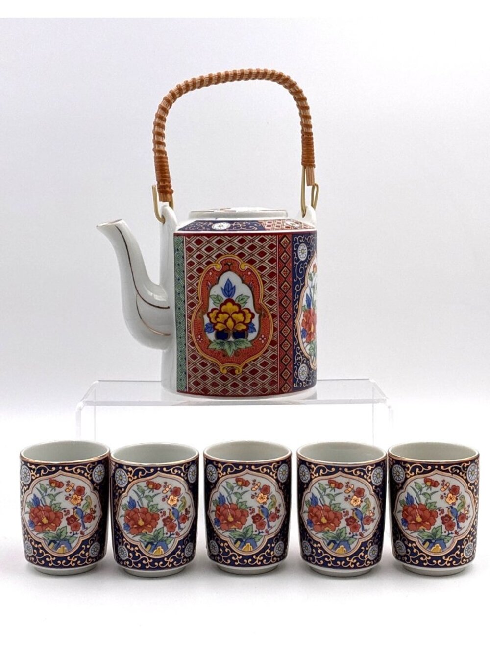 VTG Japanese Imari Style Porcelain Tea Set 5 Floral Cups Teapot Wicker Handle